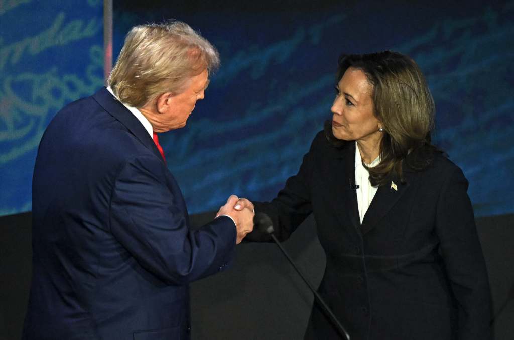 Vice President and Democratic presidential candidate Kamala Harris (R) shakes hands with former President and Republican presidential candidate Donald Trump during an ABC News presidential debate in Philadelphia, on Sept. 10, 2024. (Photo: Saul Loeb/AFP)